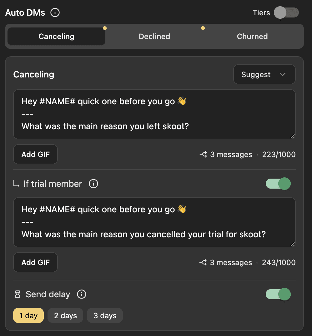 Skoot CRM auto-DM settings for canceling and churned members with customizable messages