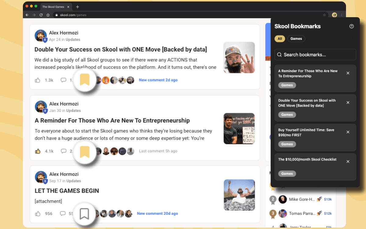 Skool Bookmarks Chrome extension showing saved posts panel