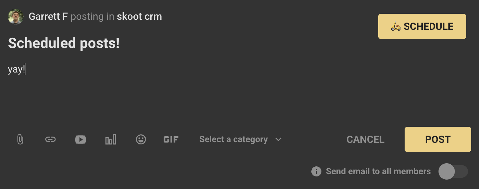 Skoot CRM schedule button in Skool post editor